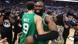 Derrick White, Jaylen Brown celebrate Game 6 victory versus Miami Heat