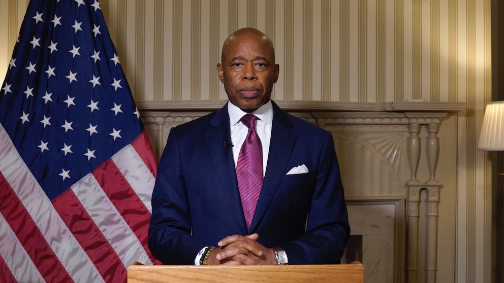 This image taken from video released by New York City Office of the Mayor, Wednesday, Sept. 25, 2024, shows mayor Eric Adams speaking during a videotaped statement. New York City Office of the Mayor via AP