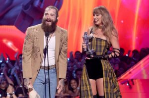 Post Malone and Taylor Swift accept the Best Collaboration award for "Fortnight" on stage during the 2024 MTV Video Music Awards at UBS Arena on Sept. 11, 2024 in Elmont, New York.Mike Coppola/Getty Images